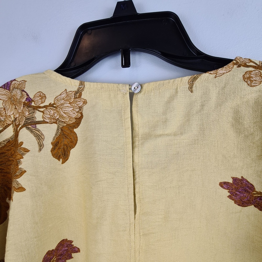 Entro Womens 1X Yellow Floral Boho Blouse Ruched Tie Sleeve Rayon Top Earthy Art - Picture 7 of 11